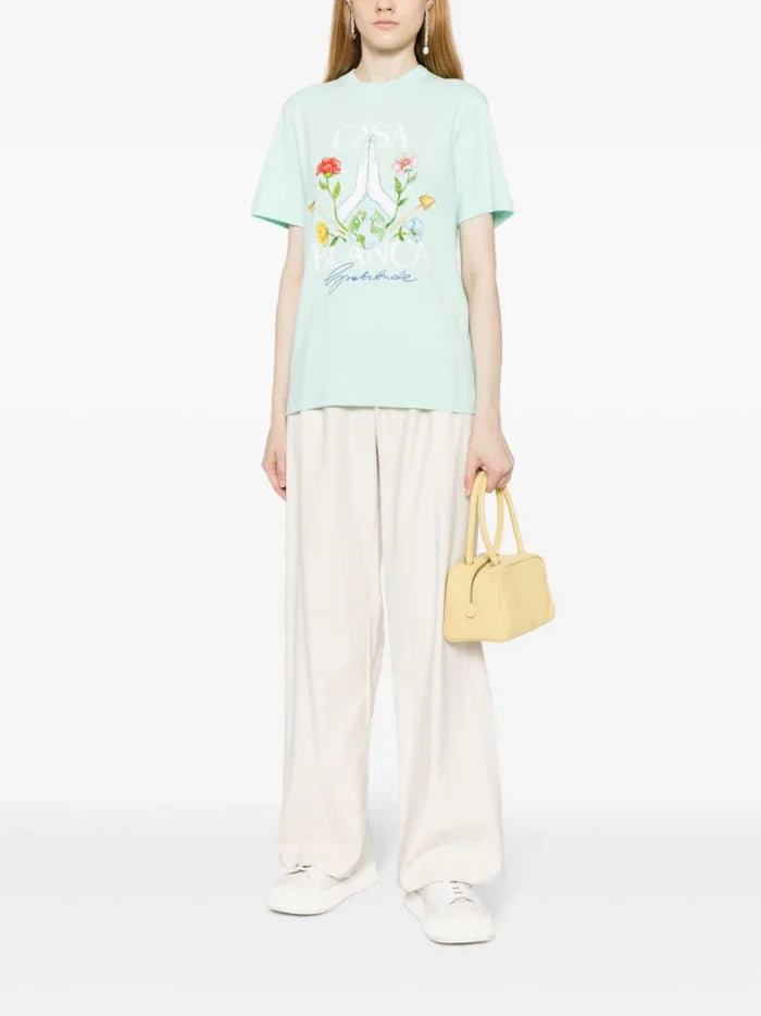 CASABLANCA WOMEN Gratitude Printed Organic Cotton T-Shirt Mint - MAISONDEFASHION.COM