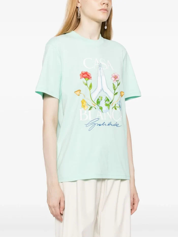 CASABLANCA WOMEN Gratitude Printed Organic Cotton T-Shirt Mint - MAISONDEFASHION.COM