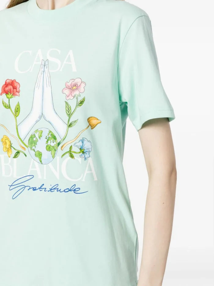 CASABLANCA WOMEN Gratitude Printed Organic Cotton T-Shirt Mint - MAISONDEFASHION.COM