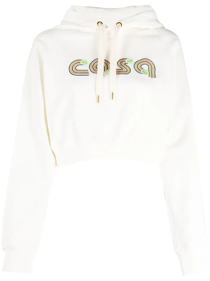 CASABLANCA WOMEN Jeu de Tennis Embroidered Cropped Hoodie White - MAISONDEFASHION.COM