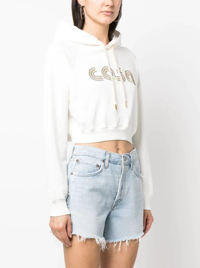 CASABLANCA WOMEN Jeu de Tennis Embroidered Cropped Hoodie White - MAISONDEFASHION.COM