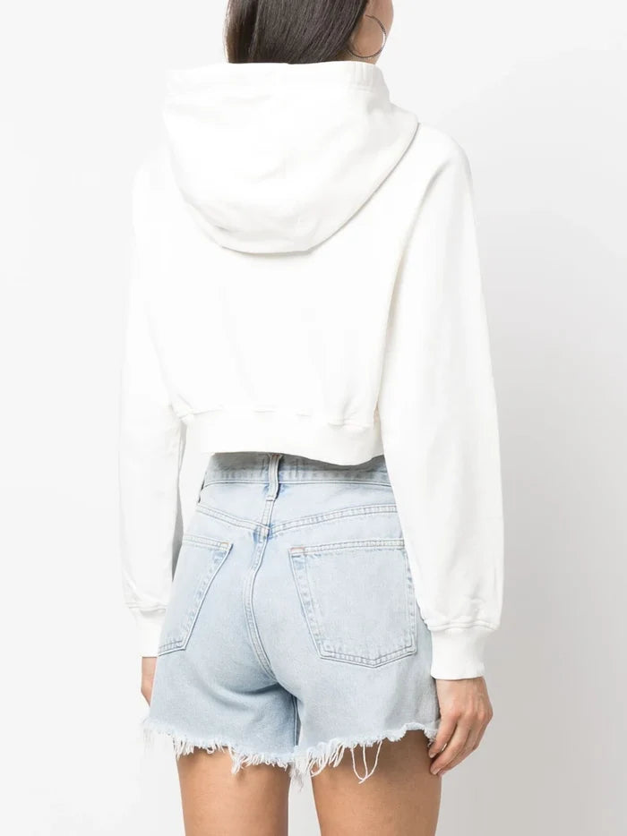 CASABLANCA WOMEN Jeu de Tennis Embroidered Cropped Hoodie White - MAISONDEFASHION.COM