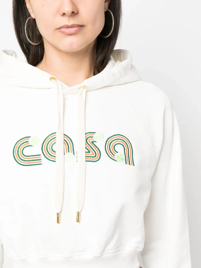 CASABLANCA WOMEN Jeu de Tennis Embroidered Cropped Hoodie White - MAISONDEFASHION.COM