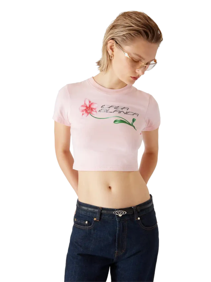 CASABLANCA WOMEN Orchid Logo Cropped Baby Tee Pink - MAISONDEFASHION.COM