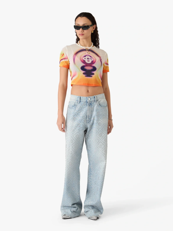 CASABLANCA WOMEN Printed Mesh Baby Short Sleeve T‑Shirt Sporchid White - MAISONDEFASHION.COM