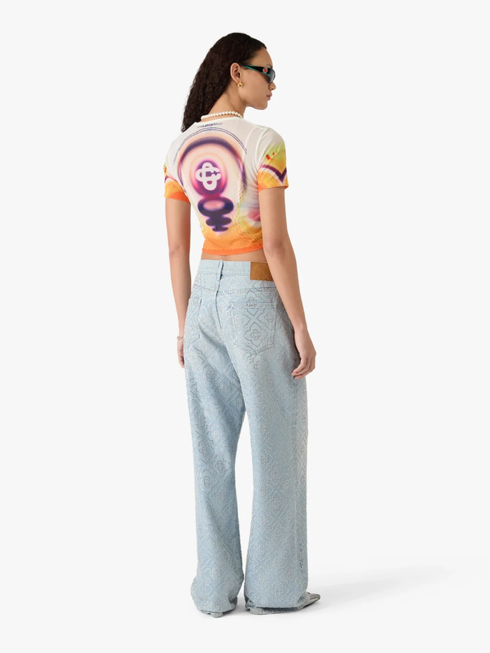CASABLANCA WOMEN Printed Mesh Baby Short Sleeve T‑Shirt Sporchid White - MAISONDEFASHION.COM