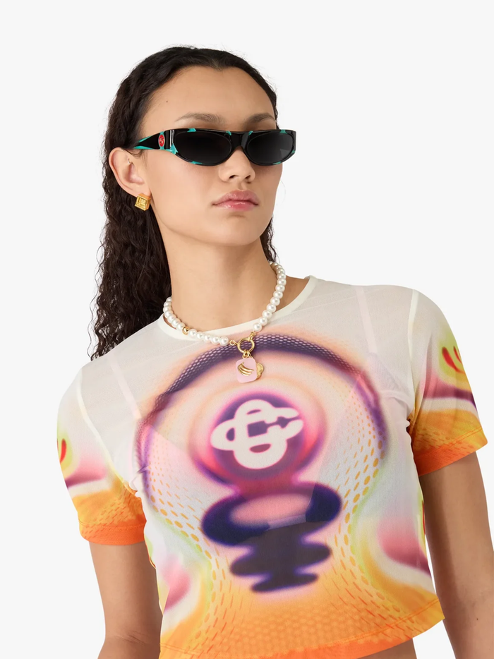 CASABLANCA WOMEN Printed Mesh Baby Short Sleeve T‑Shirt Sporchid White - MAISONDEFASHION.COM