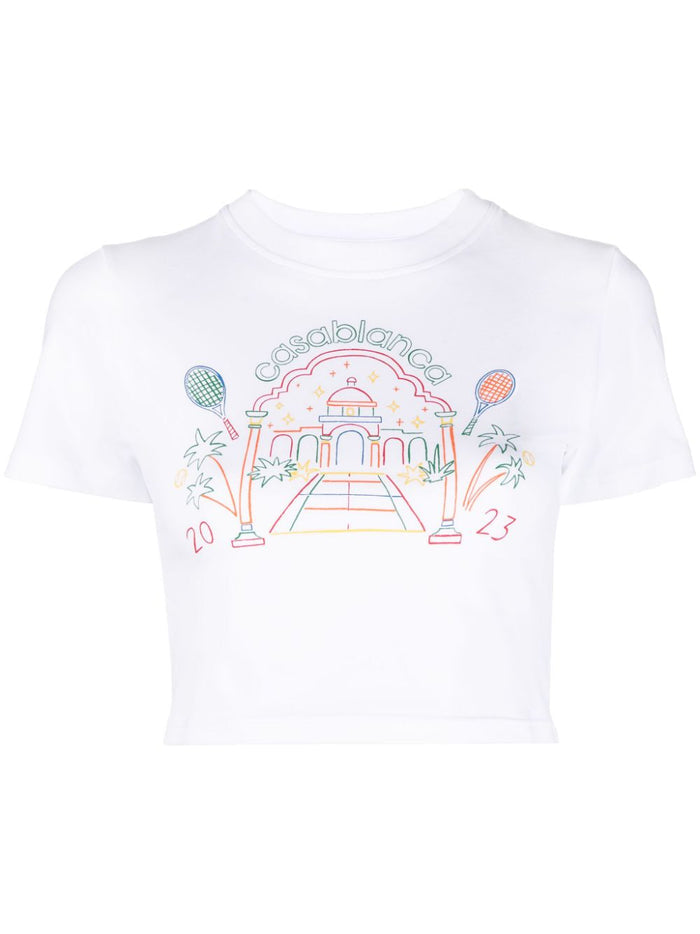 CASABLANCA WOMEN Rainbow Crayon Temple Screen Printed Crop T-Shirt White - MAISONDEFASHION.COM
