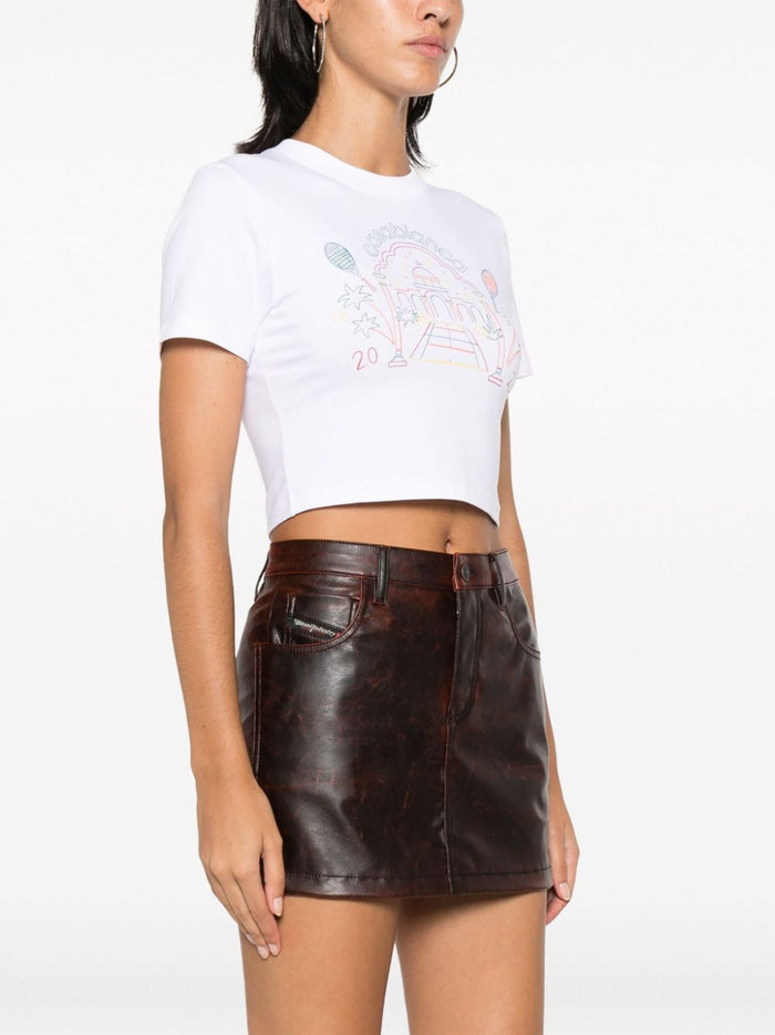 CASABLANCA WOMEN Rainbow Crayon Temple Screen Printed Crop T-Shirt White - MAISONDEFASHION.COM