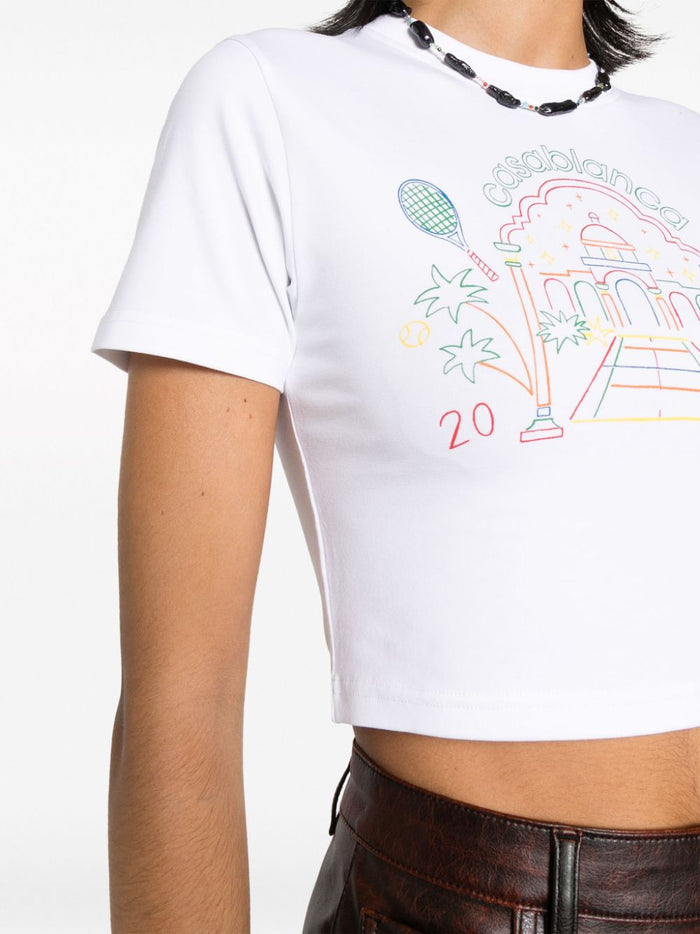 CASABLANCA WOMEN Rainbow Crayon Temple Screen Printed Crop T-Shirt White - MAISONDEFASHION.COM
