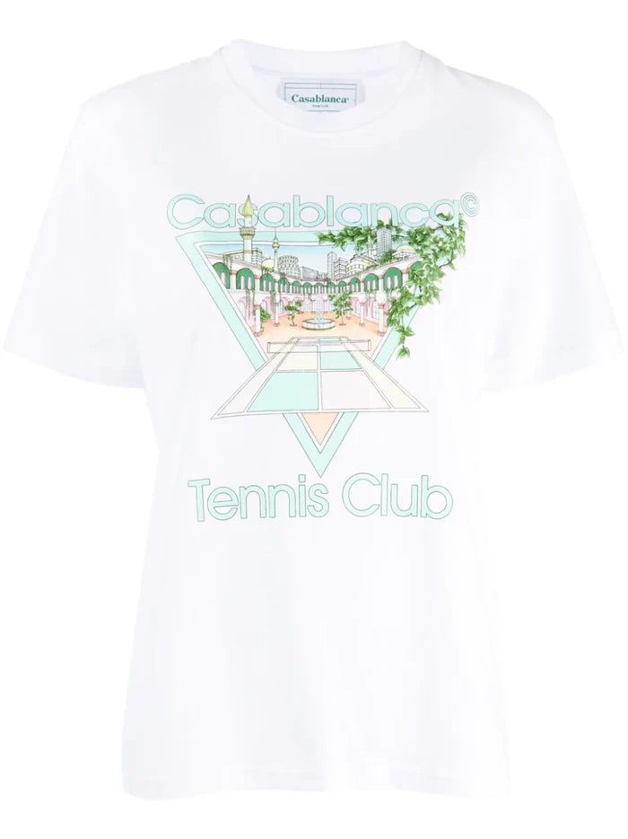 CASABLANCA WOMEN Tennis Club Icon Pastelle Printed T-Shirt White - MAISONDEFASHION.COM