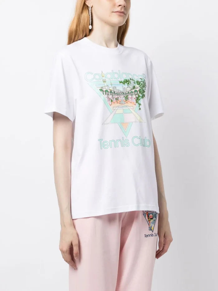 CASABLANCA WOMEN Tennis Club Icon Pastelle Printed T-Shirt White - MAISONDEFASHION.COM