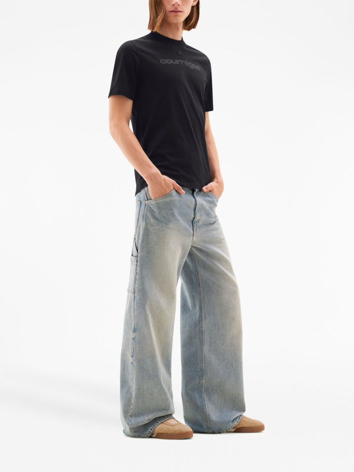 COURREGES MEN Logo Printed Cotton T-Shirt Black - MAISONDEFASHION.COM