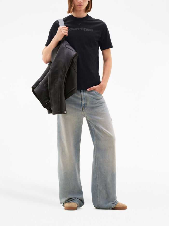 COURREGES MEN Logo Printed Cotton T-Shirt Black - MAISONDEFASHION.COM