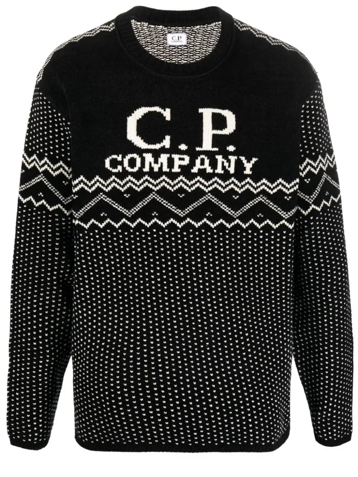 C.P. COMPANY MEN Chenille Cotton Jacquard Knit Sweater Black/White - MAISONDEFASHION.COM