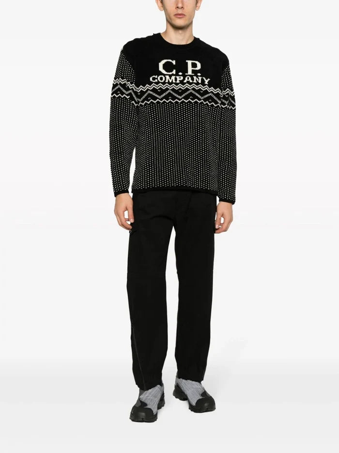 C.P. COMPANY MEN Chenille Cotton Jacquard Knit Sweater Black/White - MAISONDEFASHION.COM