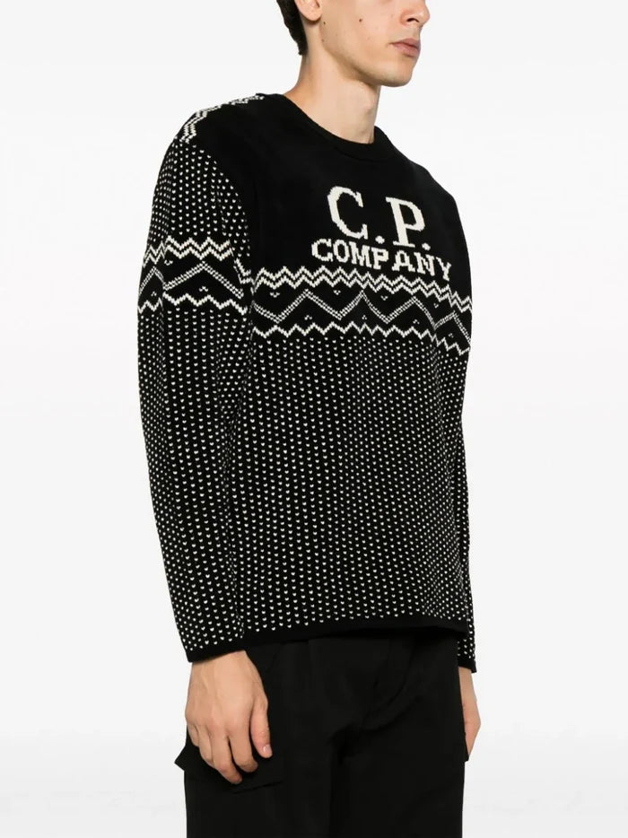 C.P. COMPANY MEN Chenille Cotton Jacquard Knit Sweater Black/White - MAISONDEFASHION.COM
