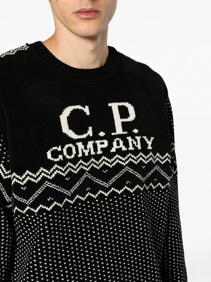 C.P. COMPANY MEN Chenille Cotton Jacquard Knit Sweater Black/White - MAISONDEFASHION.COM