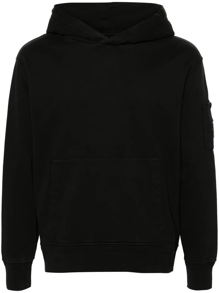 C.P. COMPANY Diagonal Fleece Cotton Lens Detail Hoodie Black - MAISONDEFASHION.COM