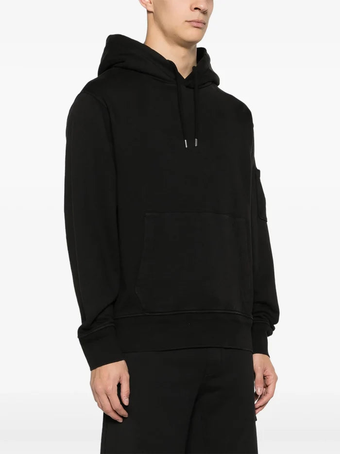 C.P. COMPANY Diagonal Fleece Cotton Lens Detail Hoodie Black - MAISONDEFASHION.COM