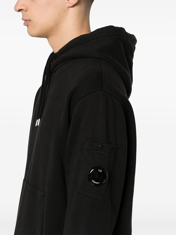 C.P. COMPANY Diagonal Fleece Cotton Lens Detail Hoodie Black - MAISONDEFASHION.COM