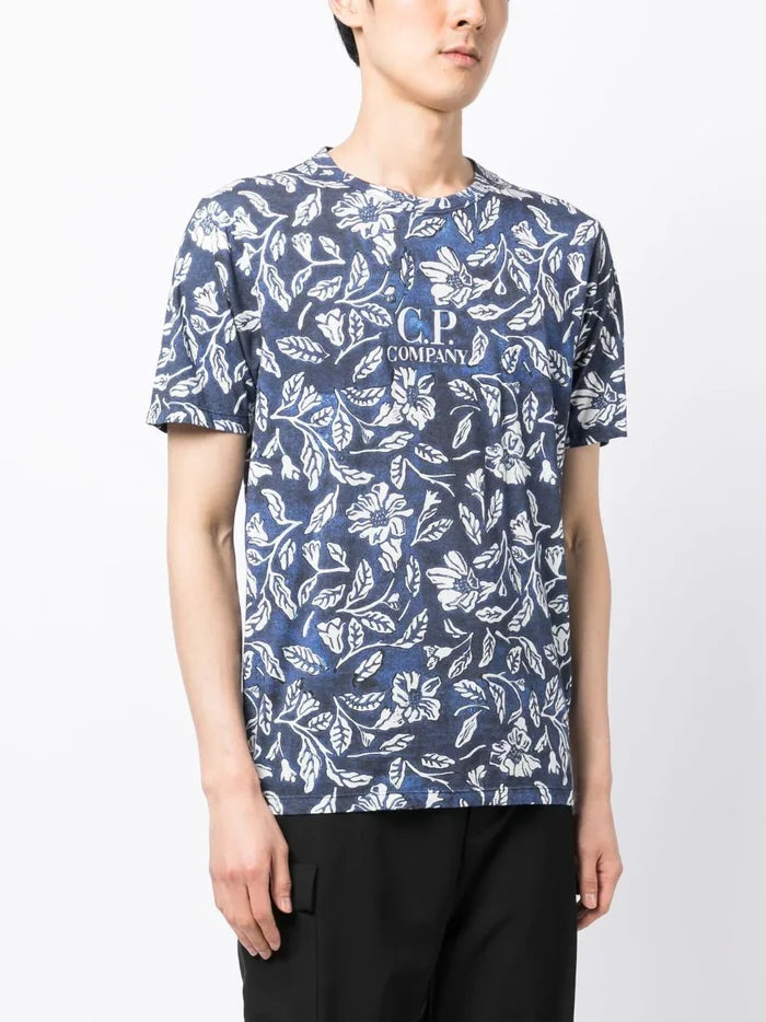 C.P COMPANY Floral-print Crewneck T-shirt Blue - MAISONDEFASHION.COM