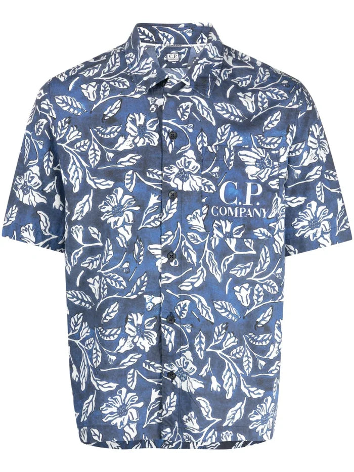 C.P COMPANY Floral-print Short-sleeved Shirt Blue - MAISONDEFASHION.COM