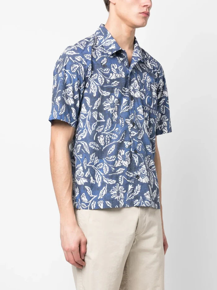 C.P COMPANY Floral-print Short-sleeved Shirt Blue - MAISONDEFASHION.COM