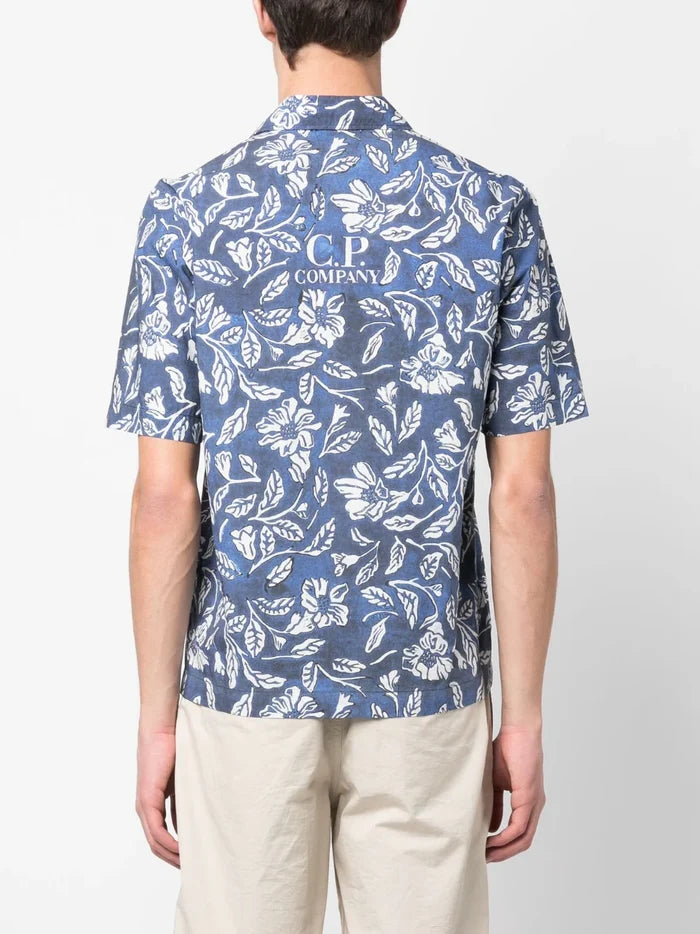 C.P COMPANY Floral-print Short-sleeved Shirt Blue - MAISONDEFASHION.COM