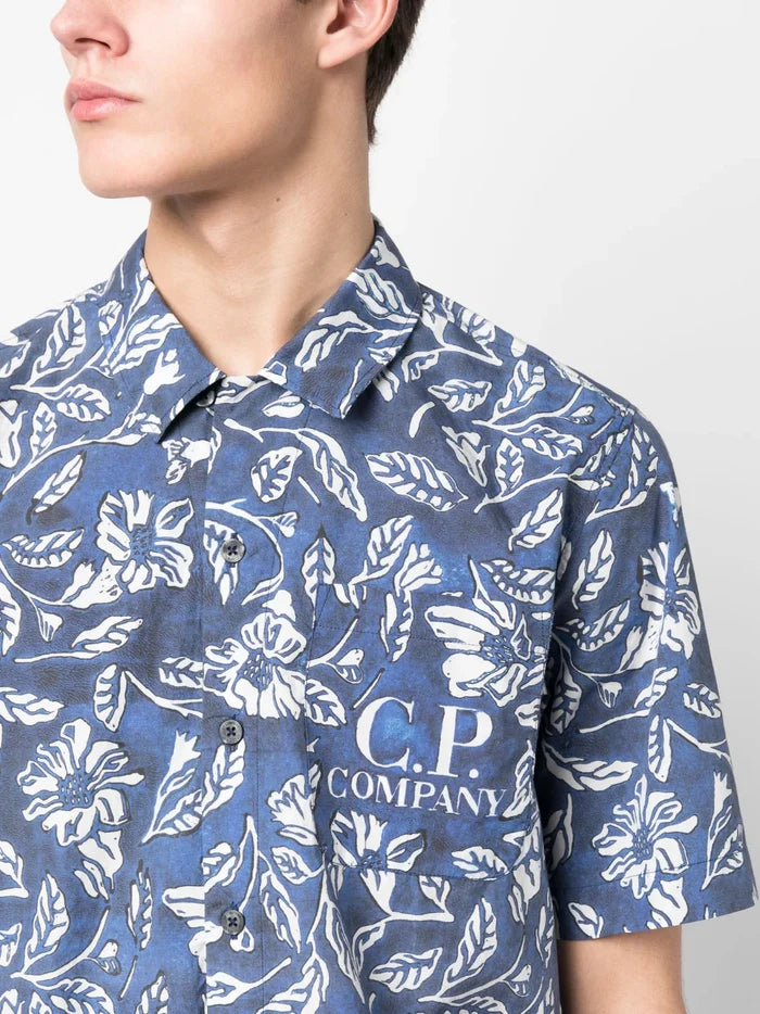 C.P COMPANY Floral-print Short-sleeved Shirt Blue - MAISONDEFASHION.COM