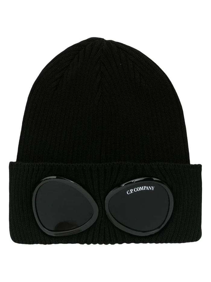C.P. COMPANY Goggle Detail Knitted Ribbed Beanie Black - MAISONDEFASHION.COM