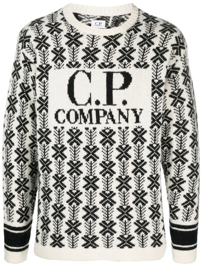 C.P. COMPANY Intarsia Knit Logo Sweatshirt White/Black - MAISONDEFASHION.COM