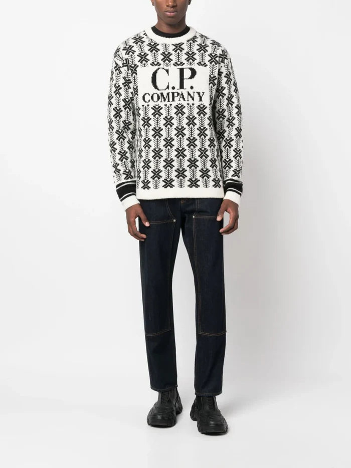 C.P. COMPANY Intarsia Knit Logo Sweatshirt White/Black - MAISONDEFASHION.COM