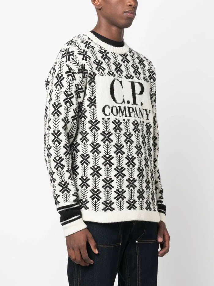 C.P. COMPANY Intarsia Knit Logo Sweatshirt White/Black - MAISONDEFASHION.COM