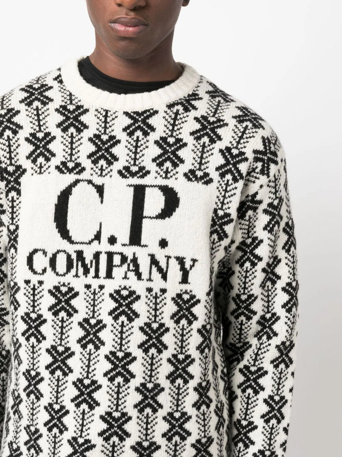 C.P. COMPANY Intarsia Knit Logo Sweatshirt White/Black - MAISONDEFASHION.COM