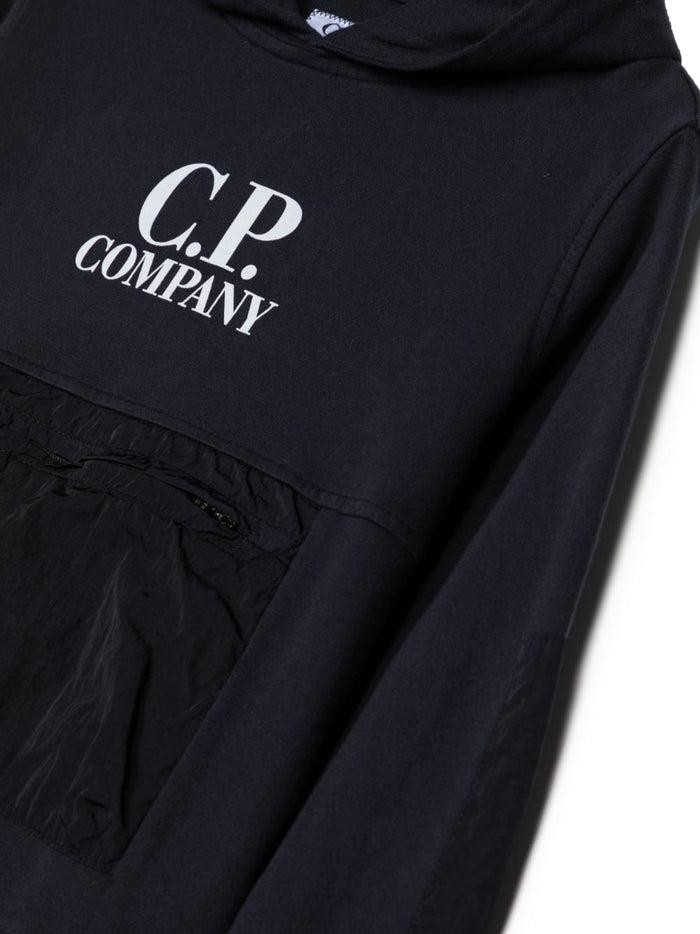 C.P. COMPANY KIDS Light Mixed Fleece Lens Hoodie Navy - MAISONDEFASHION.COM
