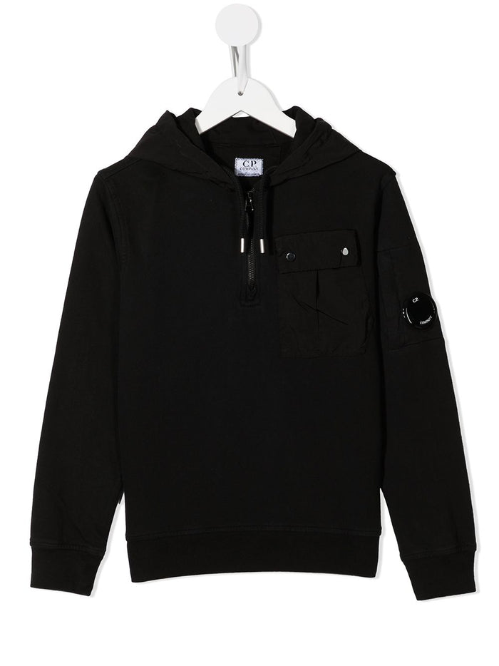 C.P COMPANY KIDS  Micro-lens cotton Hooded Sweatshirt Black - MAISONDEFASHION.COM