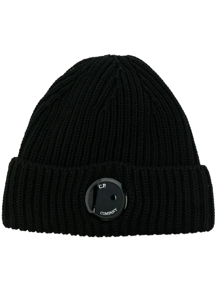 C.P. COMPANY Lens Ribbed Knit Beanie Black - MAISONDEFASHION.COM