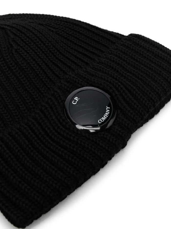 C.P. COMPANY Lens Ribbed Knit Beanie Black - MAISONDEFASHION.COM