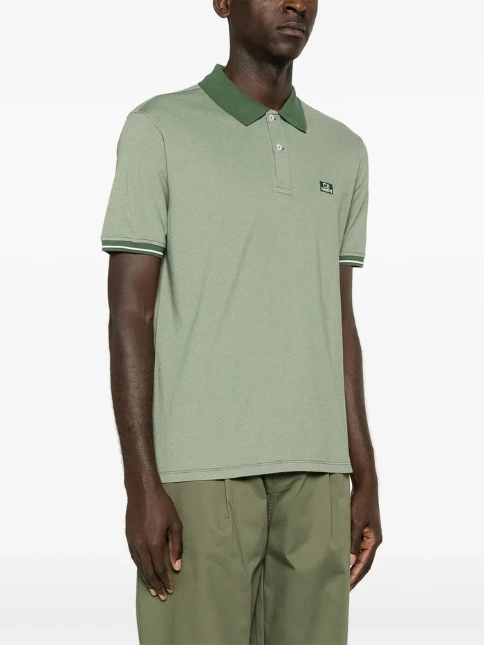 C.P. COMPANY Logo Patch Cotton Blend Polo Shirt Fern Green - MAISONDEFASHION.COM
