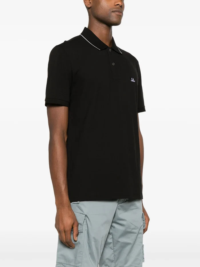 C.P. COMPANY MEN Logo Patch Piqué Polo Shirt Black - MAISONDEFASHION.COM