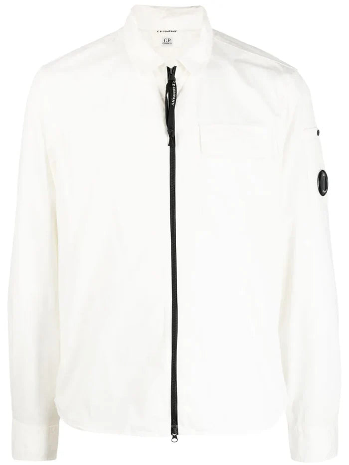 C.P COMPANY Logo Patch Pocket Zip Up Over-Shirt White - MAISONDEFASHION.COM