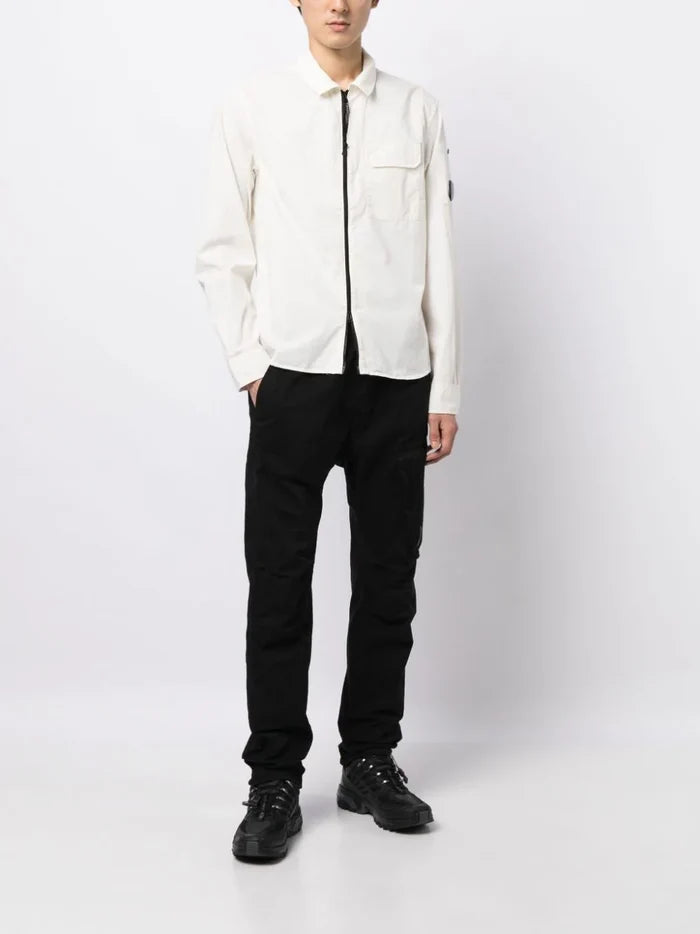 C.P COMPANY Logo Patch Pocket Zip Up Over-Shirt White - MAISONDEFASHION.COM