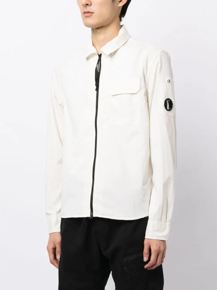 C.P COMPANY Logo Patch Pocket Zip Up Over-Shirt White - MAISONDEFASHION.COM