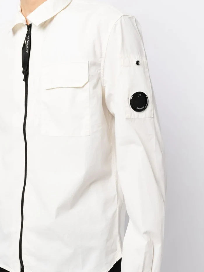 C.P COMPANY Logo Patch Pocket Zip Up Over-Shirt White - MAISONDEFASHION.COM