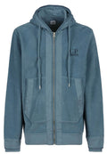 C.P. COMPANY Reverse Brushed & Emerized Diag. Fleece Zipped Hoodie Blue - MAISONDEFASHION.COM