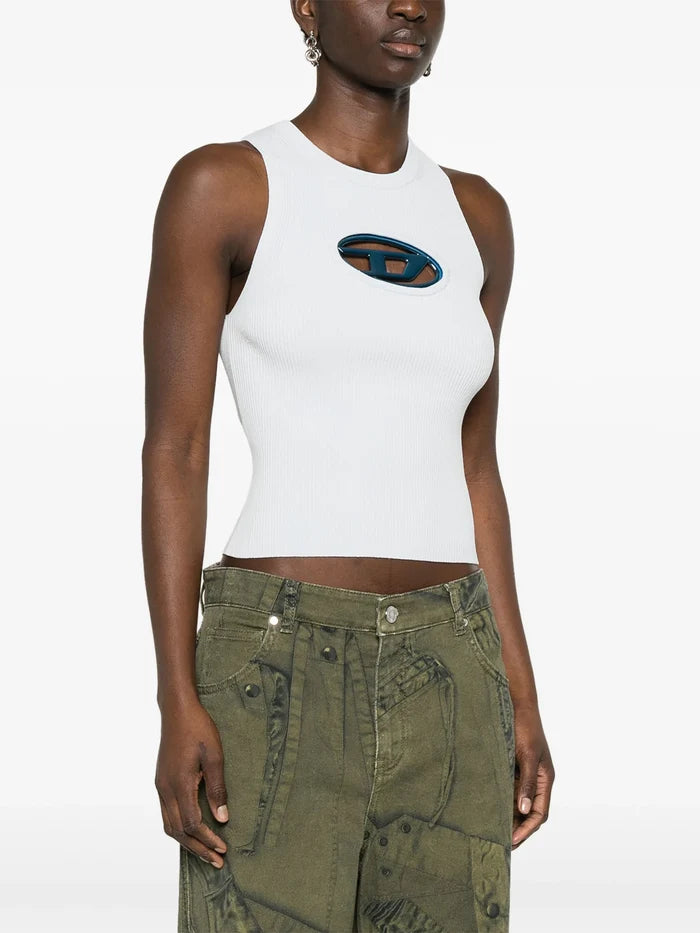 DIESEL WOMEN M-Onerva Cut-out Logo-plaque Knitted Top Light Blue - MAISONDEFASHION.COM