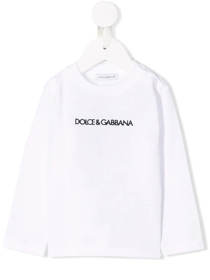 DOLCE & GABBANA BABY Boys Embroidered Logo Long Sleeved T-shirt White - MAISONDEFASHION.COM