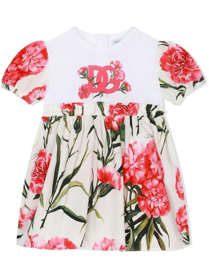 DOLCE & GABBANA BABY Logo-print Floral Dress White/Multicolour - MAISONDEFASHION.COM