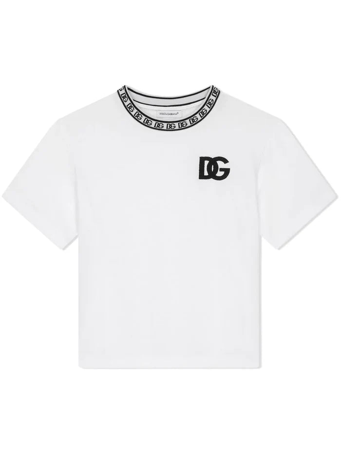 DOLCE & GABBANA KIDS Boys Logo Embroidered T-Shirt Optical White - MAISONDEFASHION.COM